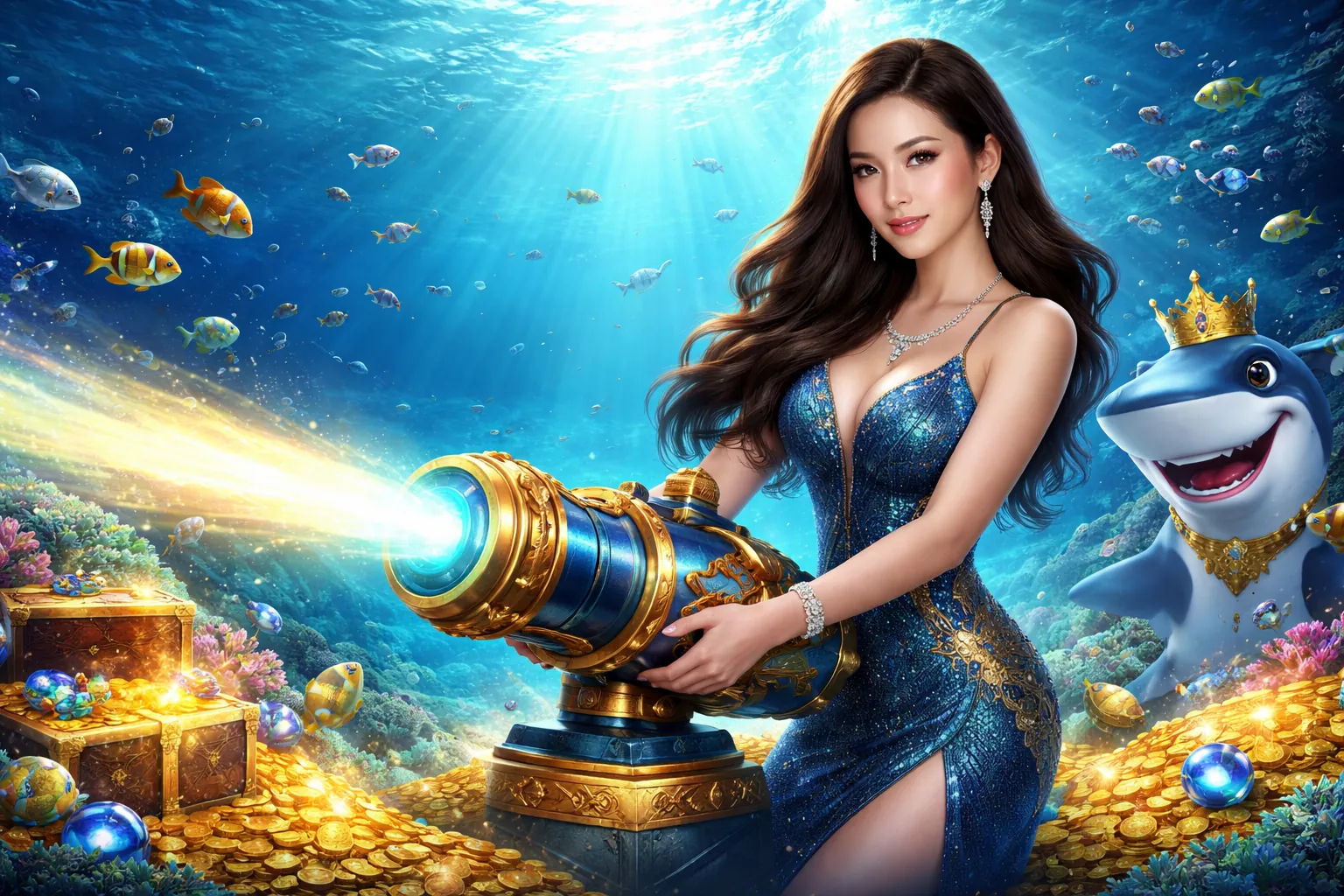 Hình ảnh đại dương rực rỡ với các loài cá và người chơi bắn cá